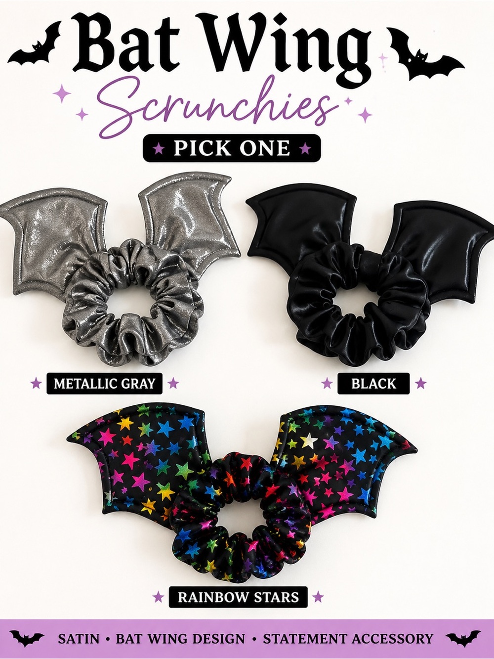 Bat Wing Scrunchie Hair Tie in Black, Silver or Rainbow Stars - Pick One